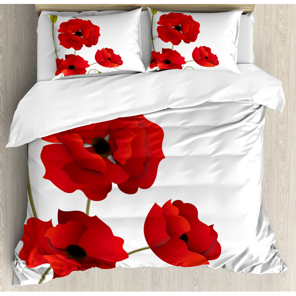 MEADOW POPPY DAISY RED SINGLE COTTON BLEND REVERSIBLE DUVET COMFORTER COVER